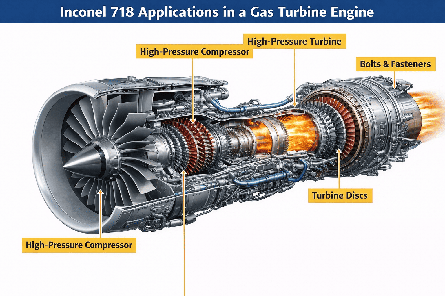 Gas turbine showing various Inconel 718 applications in its compressor and turbine sections.